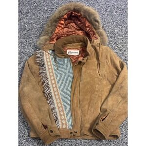 Suede Leather Jacket Chess King Eskimo Hood One-of-a-kind Upcycle Size Small Tan